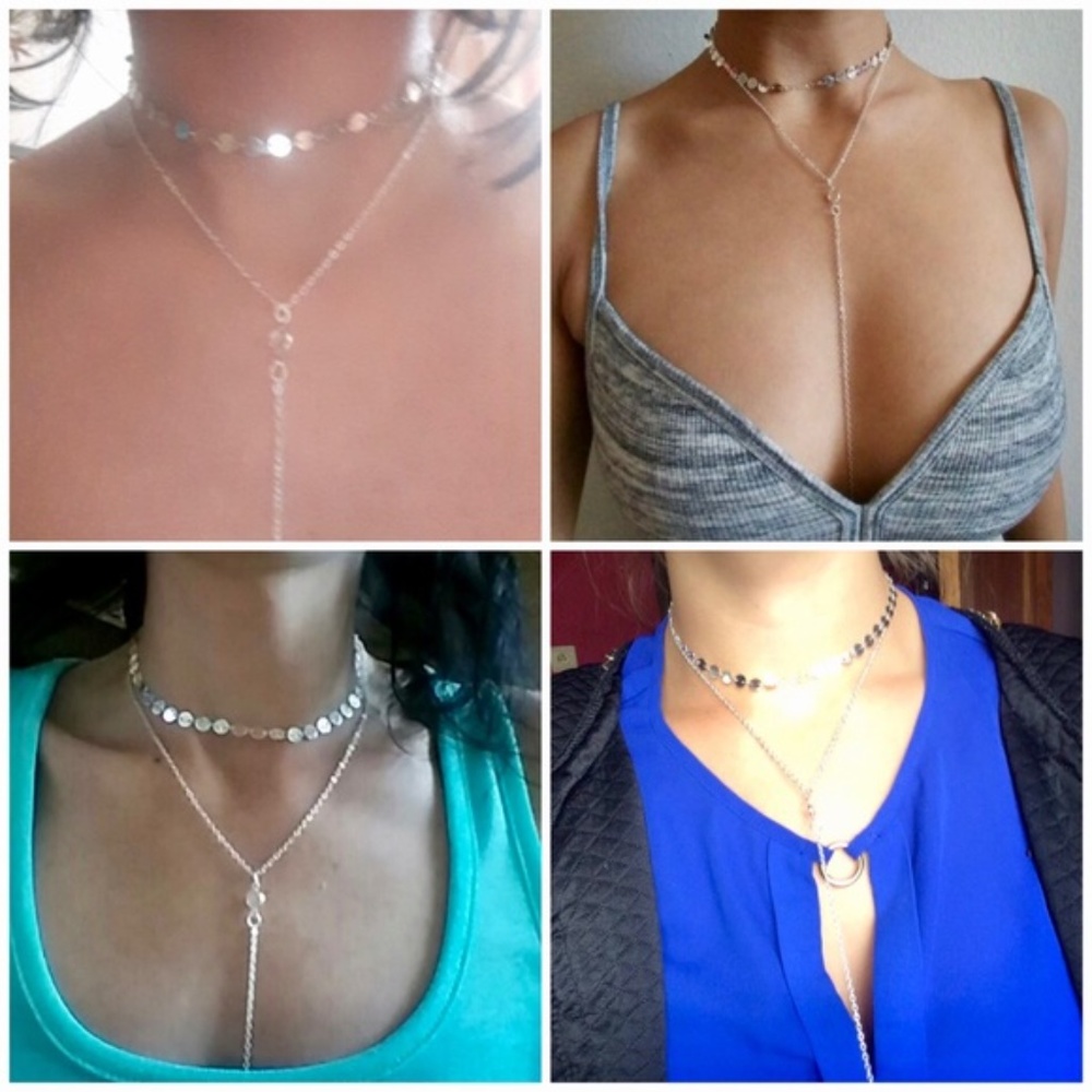 Mini Coins and Crystal 2-Layer Boho Chains Choker - Picture 4 of 8